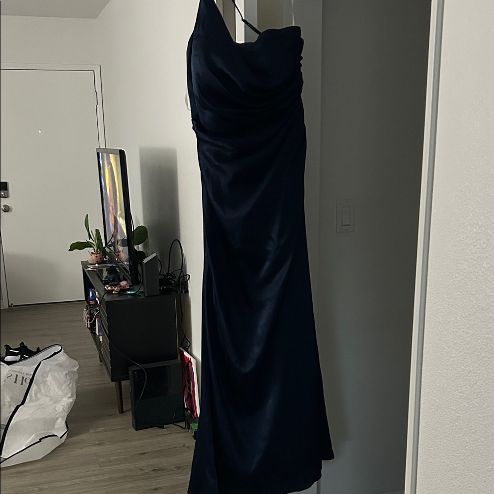 David's Bridal Elegant One Shoulder Dark Blue Dress